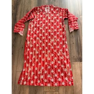 Baroque Embroidered Striped Tunic Kurta Dress Red L Boho Ethnic Festive
